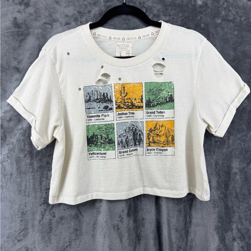 Recycled Threads Cream Distressed US National Parks Crop Top T-Shirt Size Large